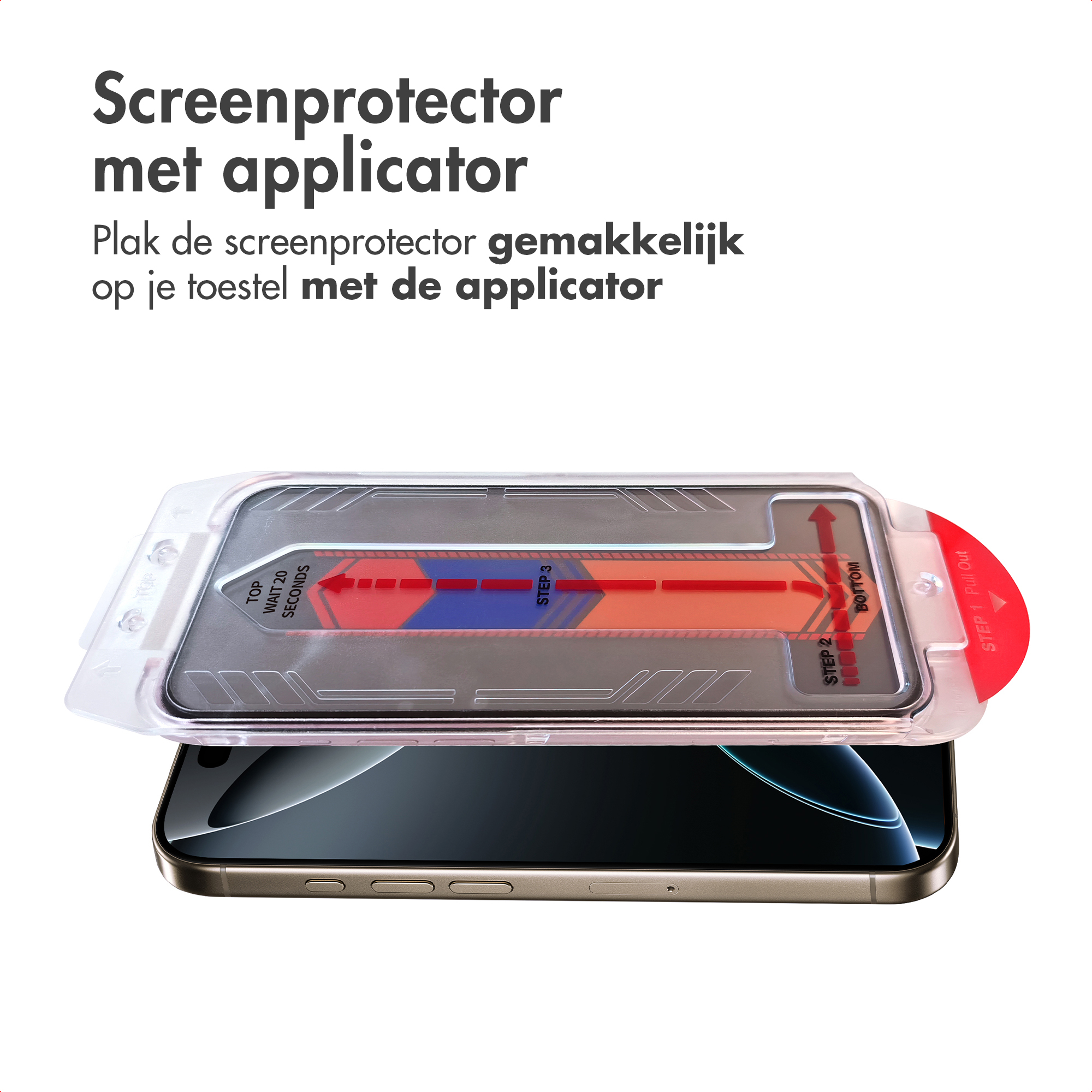 Un téléphone avec un applicateur de protection d'écran. Les instructions sont imprimées sur l'applicateur. La protection est en cours d'application sur le téléphone.