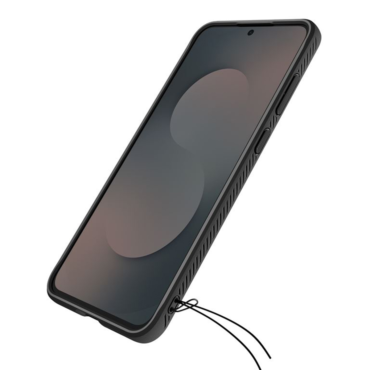 Een zwarte smartphone met hoes, schuin. Het scherm is donker met een cirkelvormig ontwerp. Er komen twee zwarte touwtjes uit.