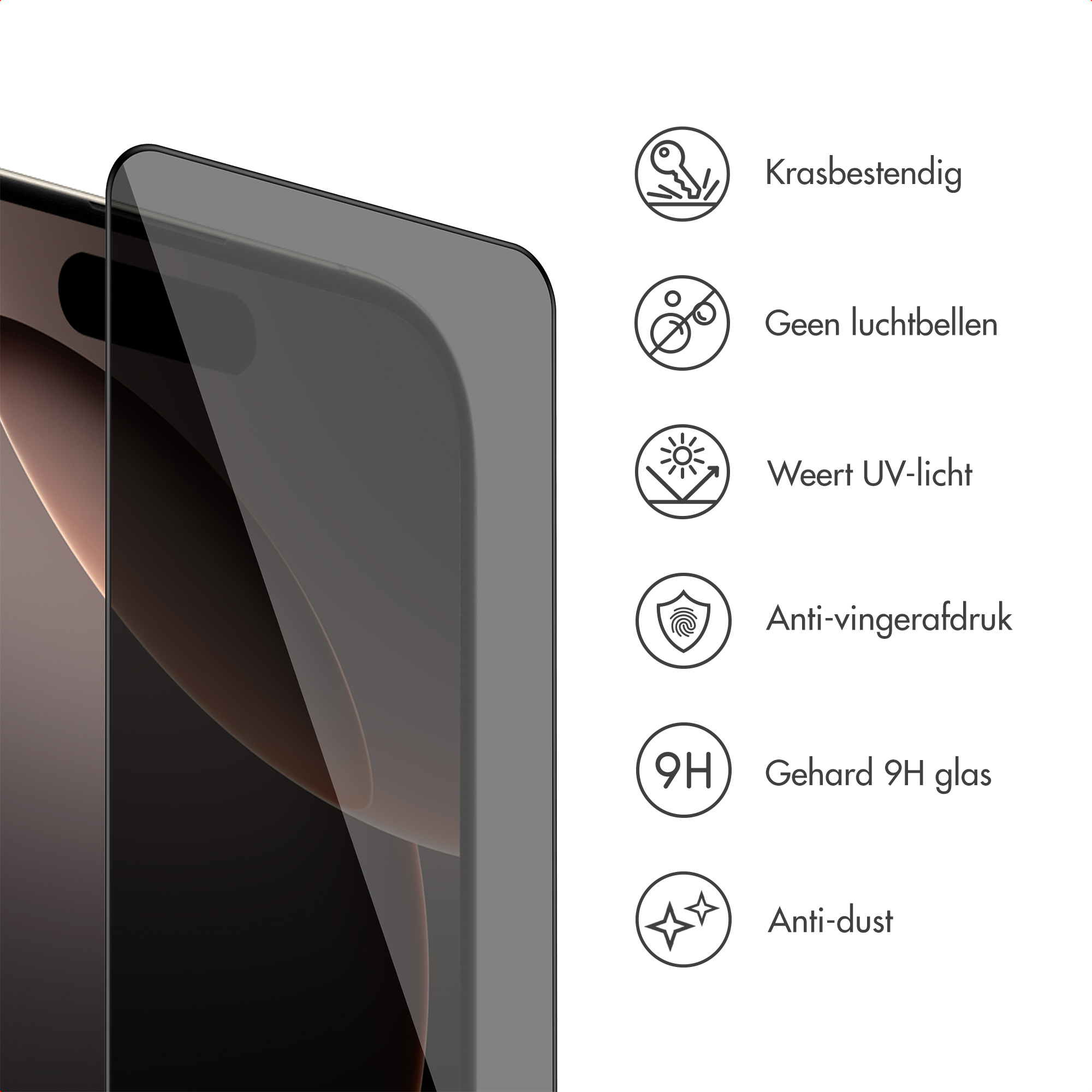 A phone screen protector is shown. Text on right side says: scratch resistant, bubble-free, UV light resistant, anti-fingerprint.