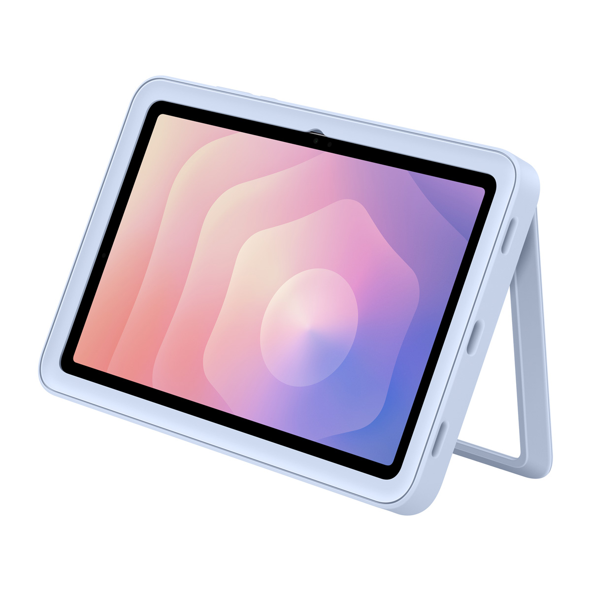 Tablet z jasnoniebieską obudową i podstawką. Ekran wyświetla kolorowy gradient z odcieniami różu, fioletu i niebieskiego.