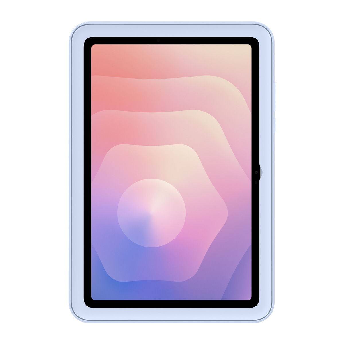 Tablet z jasnoniebieską ramką. Ekran wyświetla abstrakcyjny wzór w kolorach różowym, fioletowym i białym.