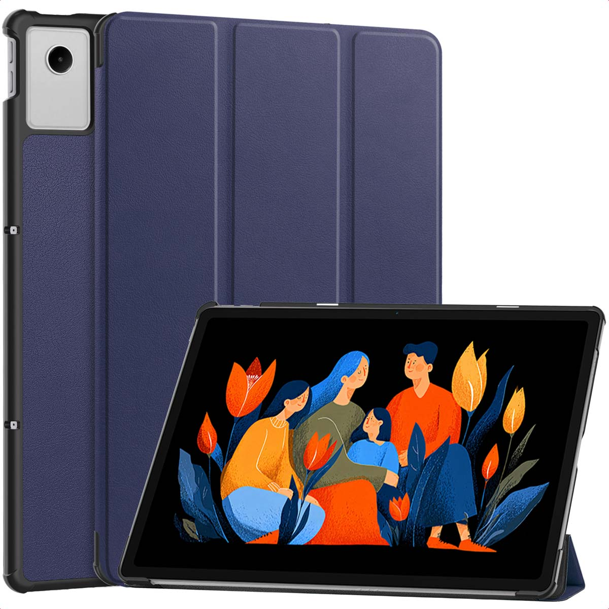 Tablet met een blauwe hoes, met een familie-illustratie met bloemen. De hoes is open om het scherm te onthullen.