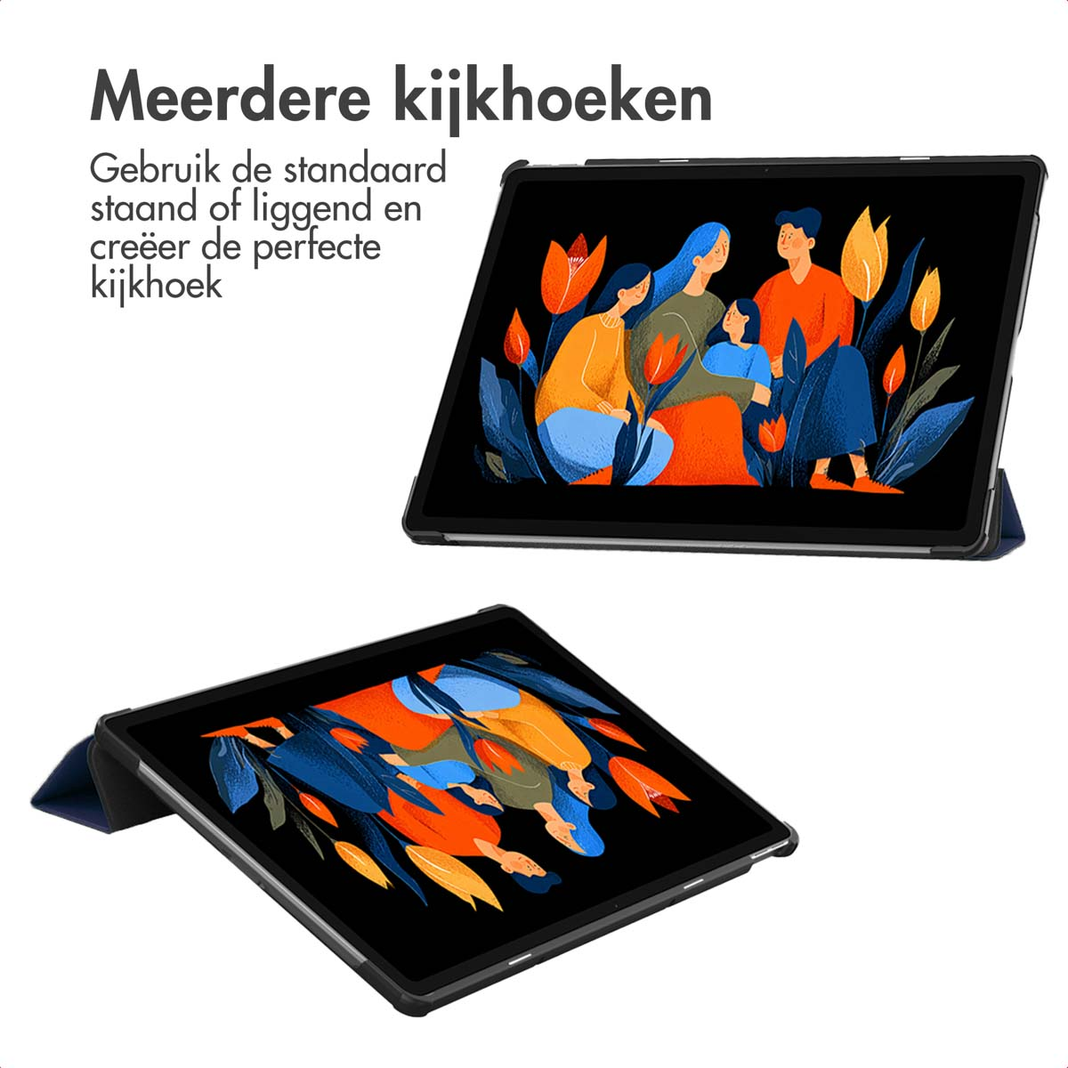 Twee tablets die verschillende kijkhoeken tonen. Elk toont een gezinsscene met levendige kleuren en gestileerde bloemmotieven.