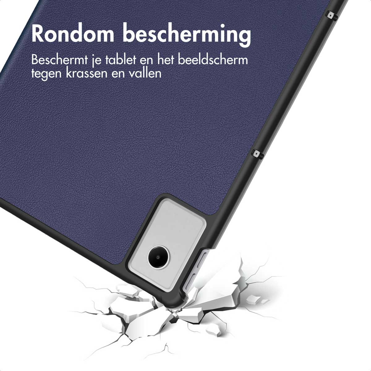 Paarse tablethoes met zwart frame. Impactbescherming op wit oppervlak met scheuren. Tekst: RONDOM BESCHERMING.