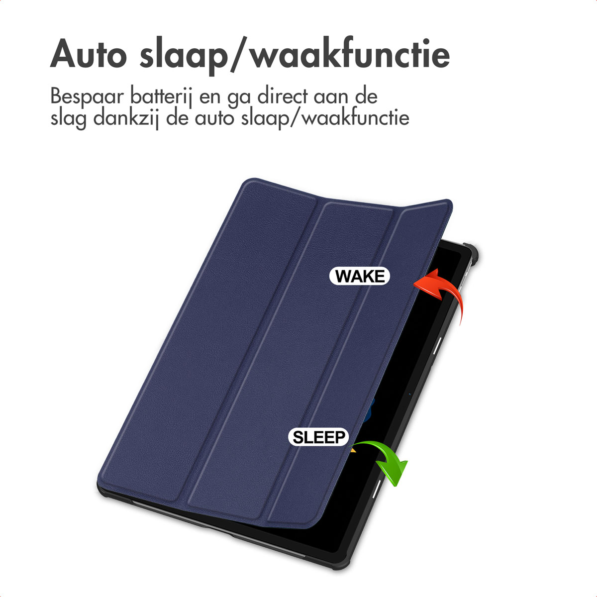 Een tablet met een blauwe hoes wordt getoond. De hoes is open om de tablet te onthullen. Er zijn pijlen en de woorden 'WAKE' en 'SLEEP'.