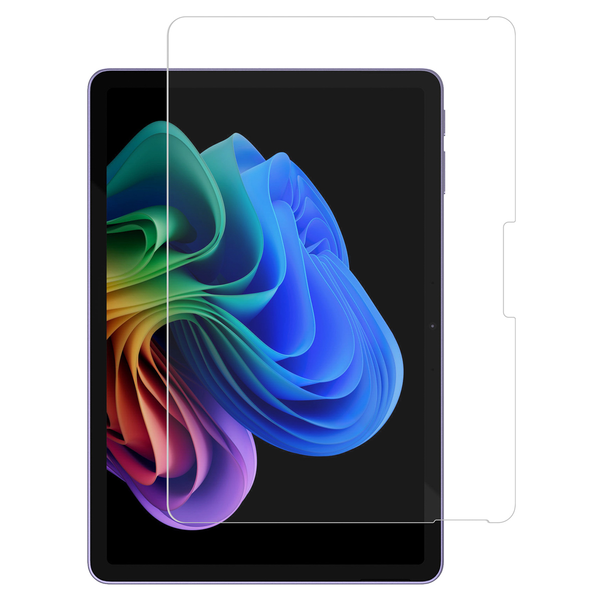 Een tablet met een schermbeschermer. Het scherm toont kleurrijke abstracte vormen. De beschermer is helder, met uitsparingen.