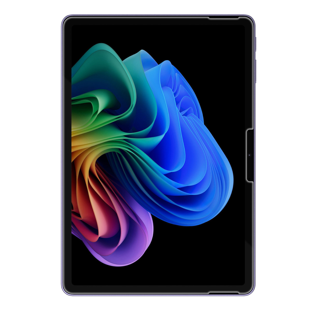 Tablet met een kleurrijk, abstract ontwerp tegen een zwarte achtergrond. De tablet heeft een paarse rand.