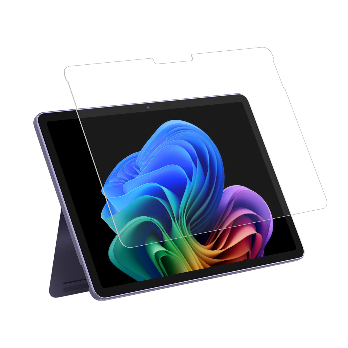 Tablet met schermbeschermer. Het scherm toont een kleurrijke abstracte afbeelding. De tablet is opgesteld.