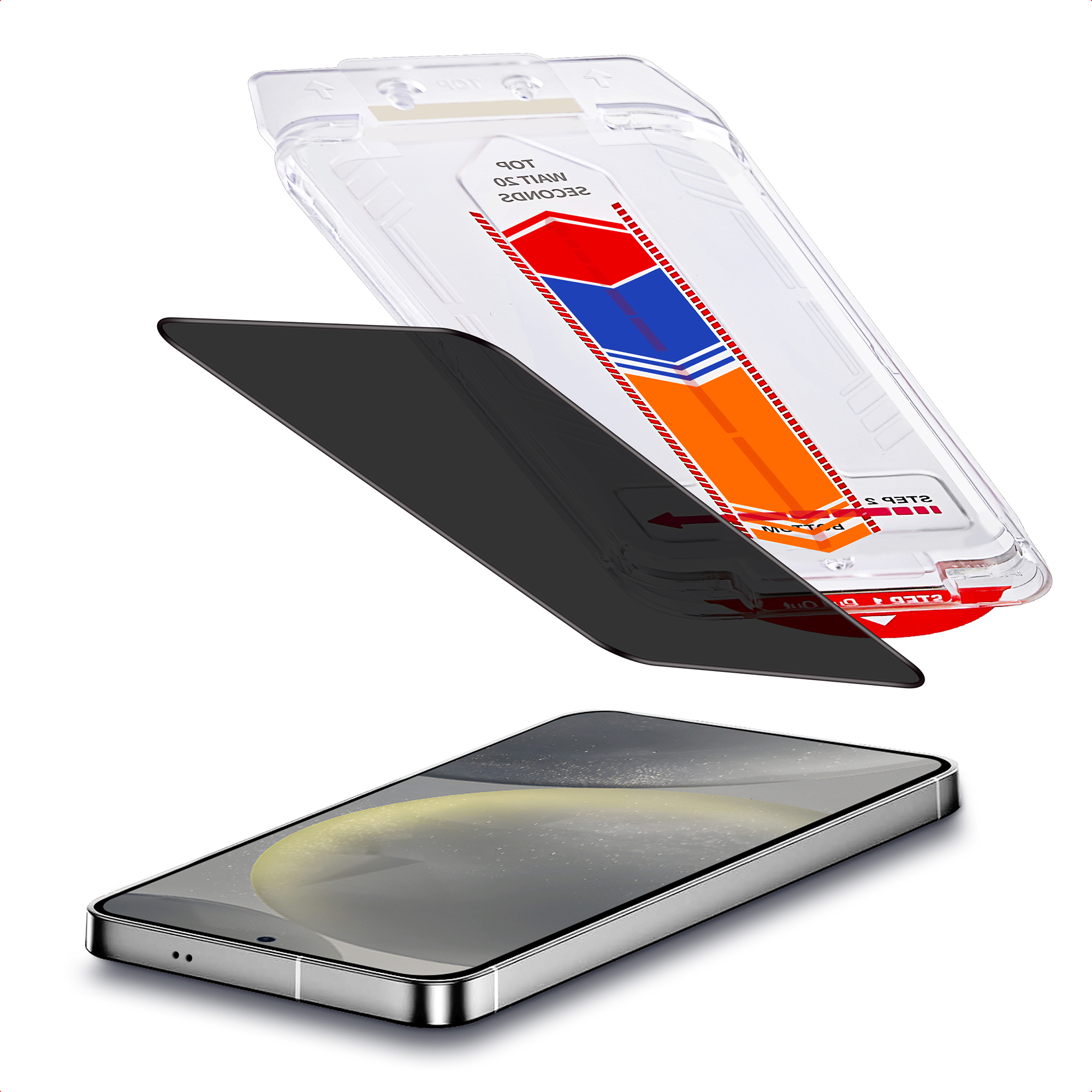 Een telefoon met een schermbeschermingskit. De kit is transparant, met rode, blauwe en oranje accenten. De telefoon is zilver.