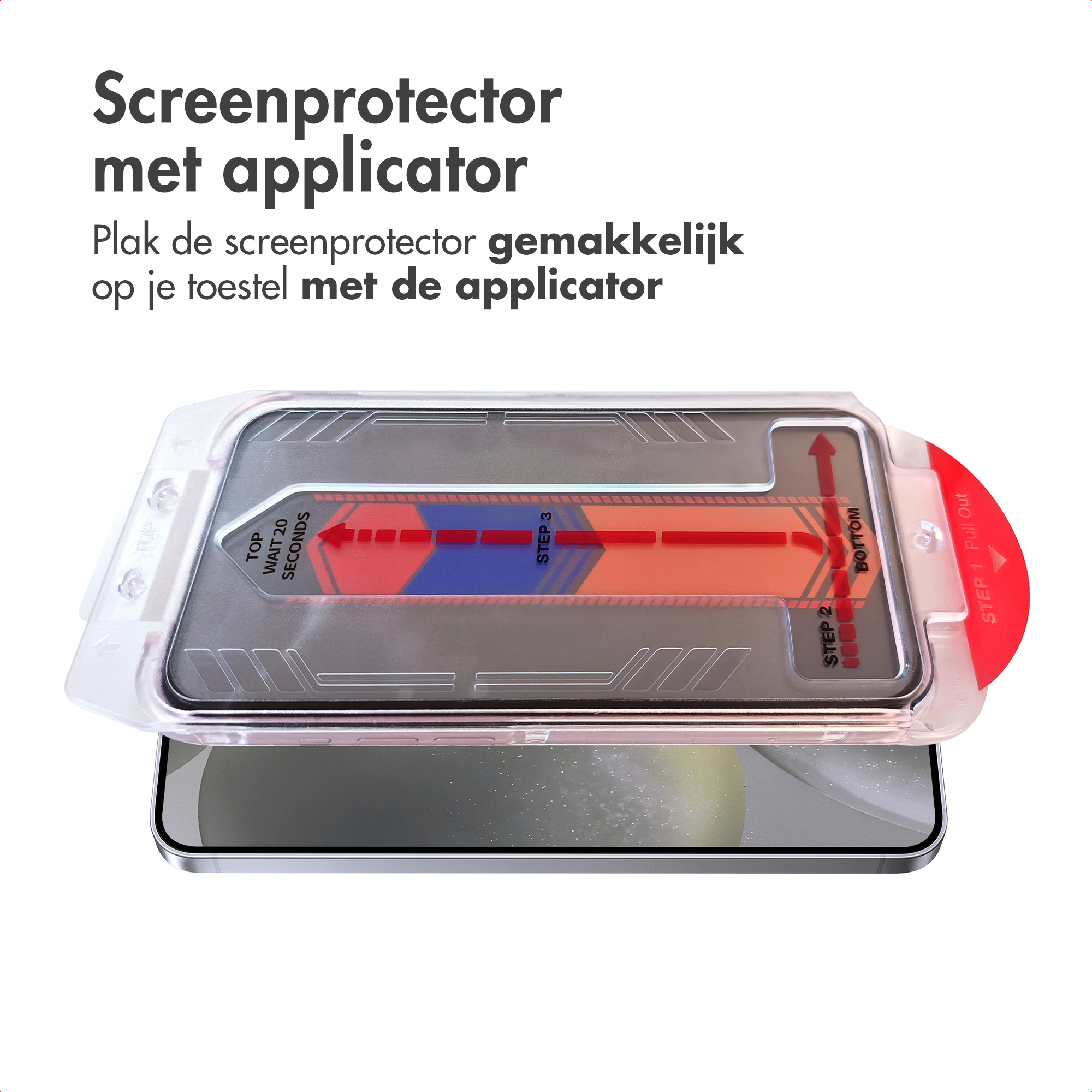Een screenprotector met applicator wordt over een telefoon geplaatst. Instructies en pijlen zijn zichtbaar.