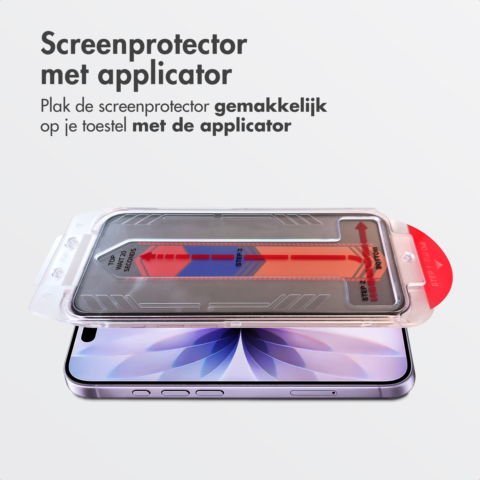 A phone screen protector kit is shown, with a phone underneath. Instructions and applicator are visible.