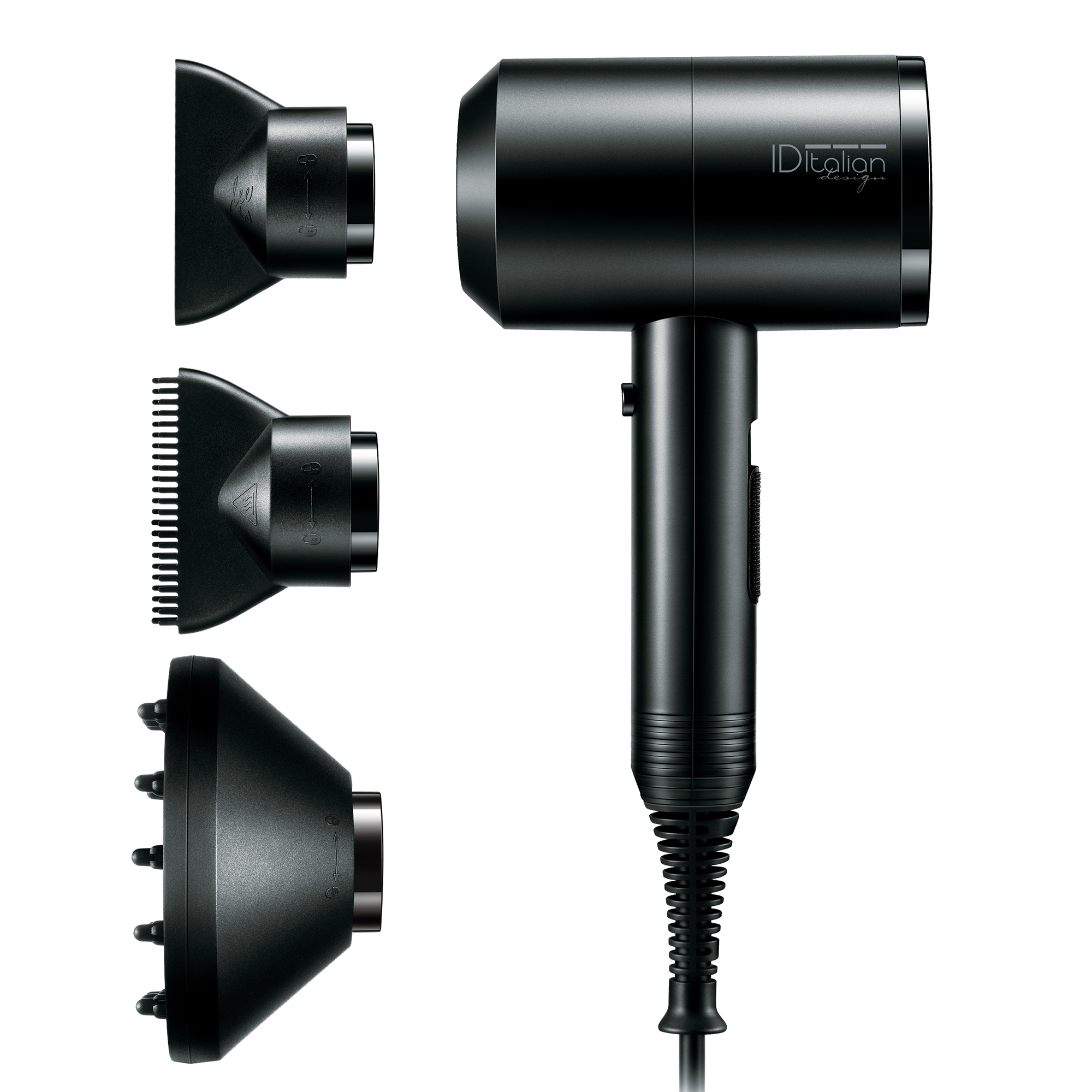 Czarna suszarka do włosów z trzema nasadkami. Suszarka ma uchwyt i przewód. Nasadki do różnych stylizacji włosów.