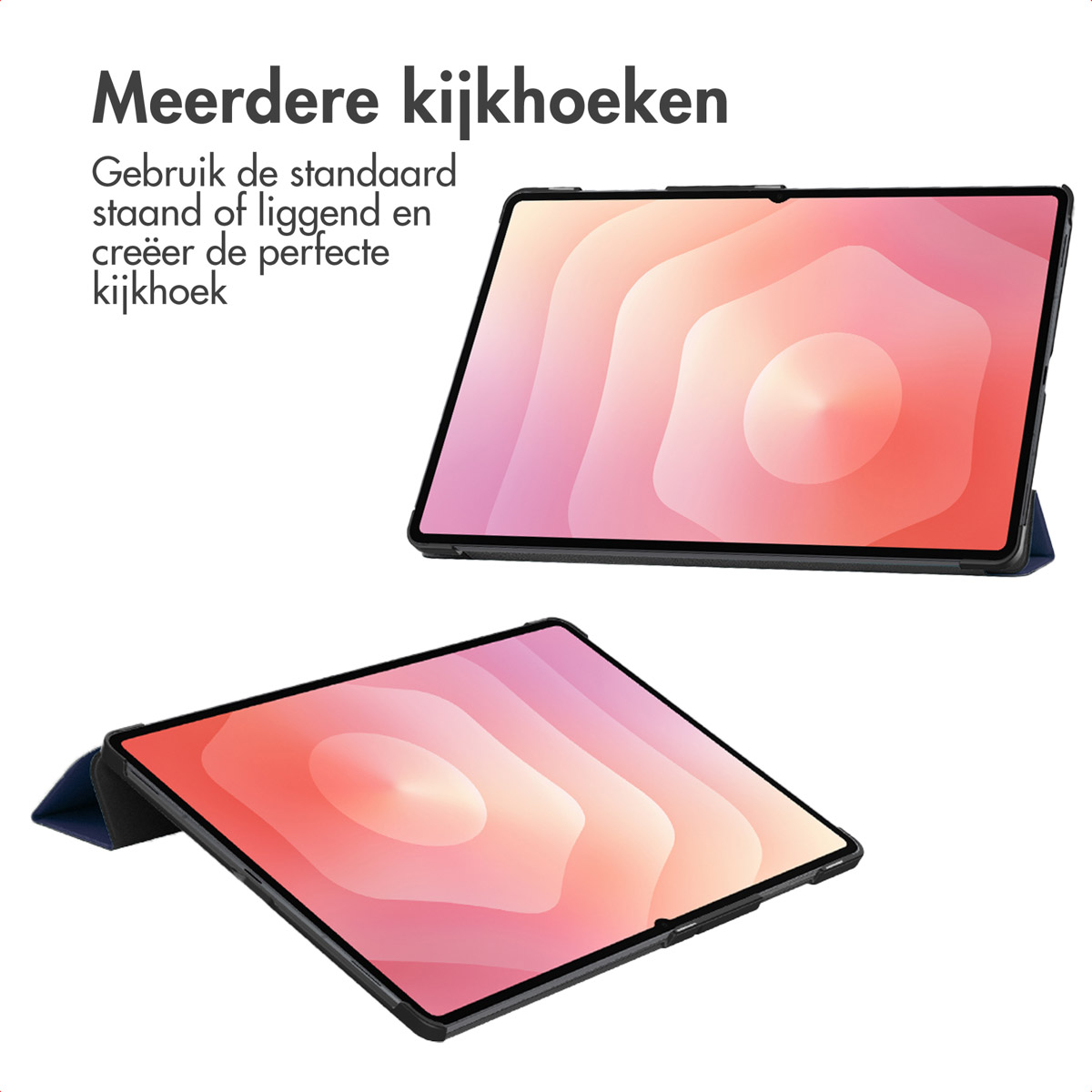 Two tablets are shown at different angles. The screen displays a pink and orange abstract design. Both have black frames.