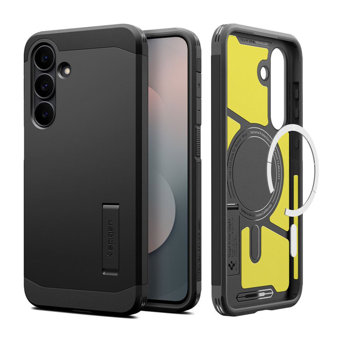 Drie telefoonhoesjes: één zwart, één met een telefoon erin en één met een gele binnenkant. De hoesjes hebben het Spigen-logo.