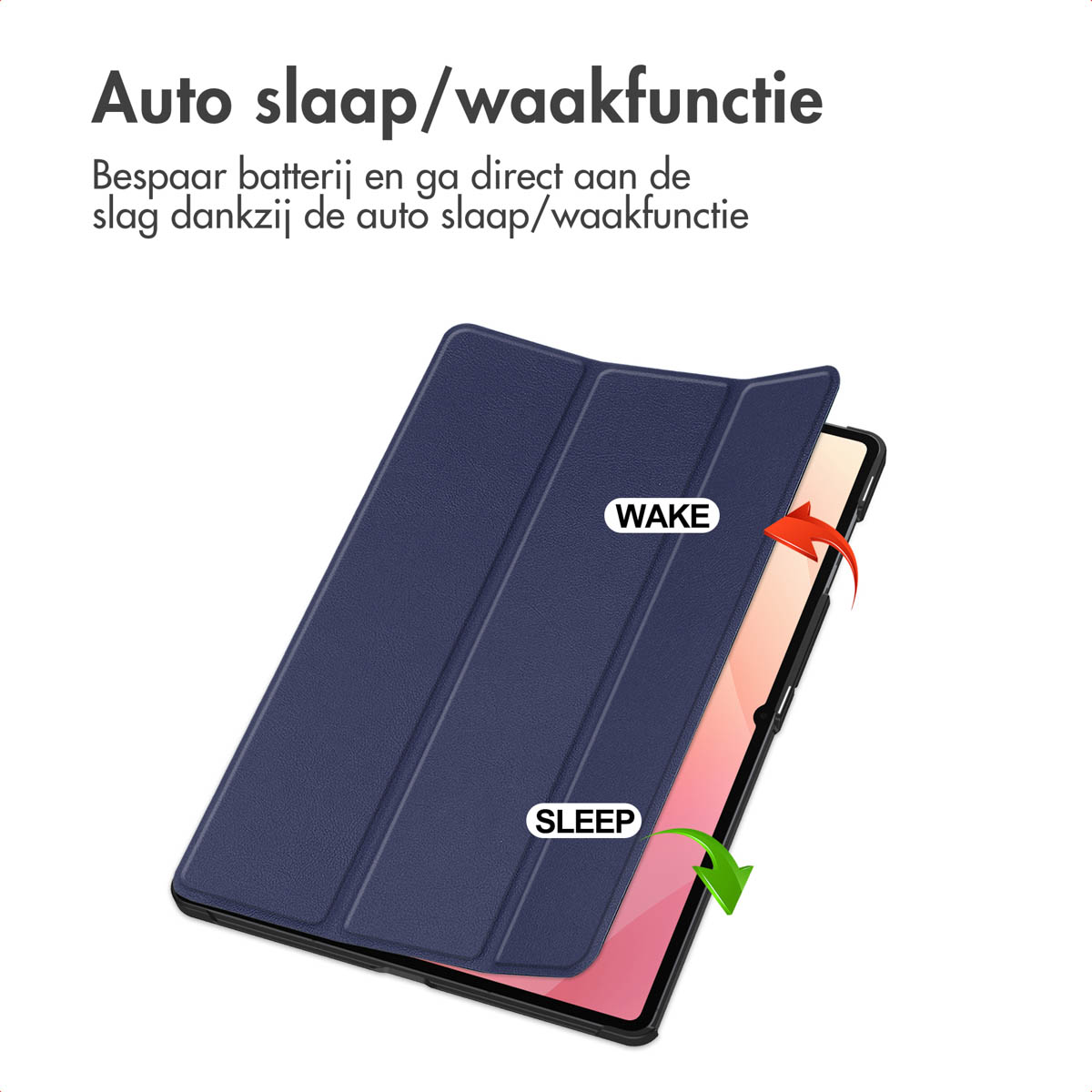 A blue tablet case with 'WAKE' and 'SLEEP' labels, an open cover, and red/green arrows indicating actions.