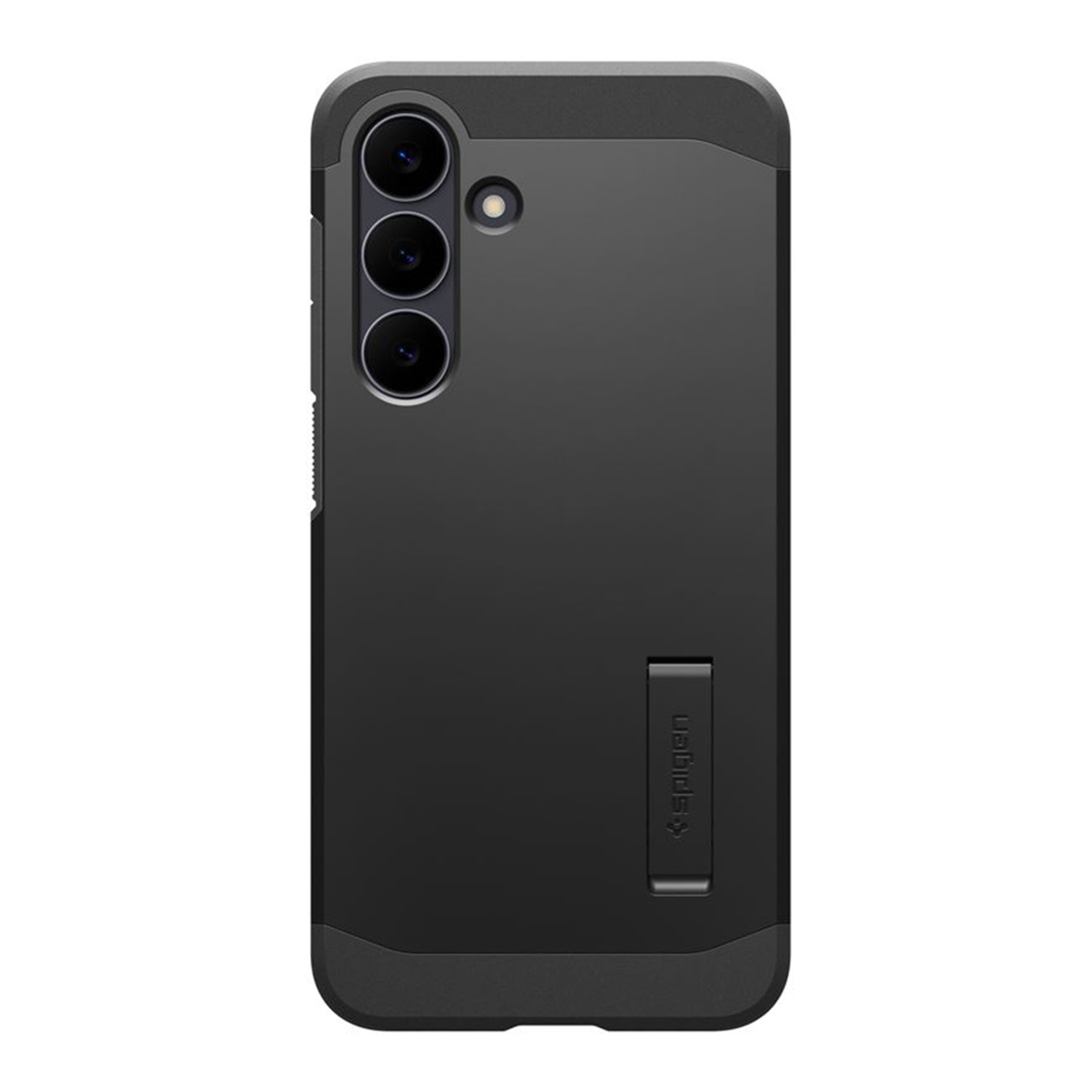 Zwarte telefoonhoes met cameraset. Het heeft een standaard en het Spigen-logo.