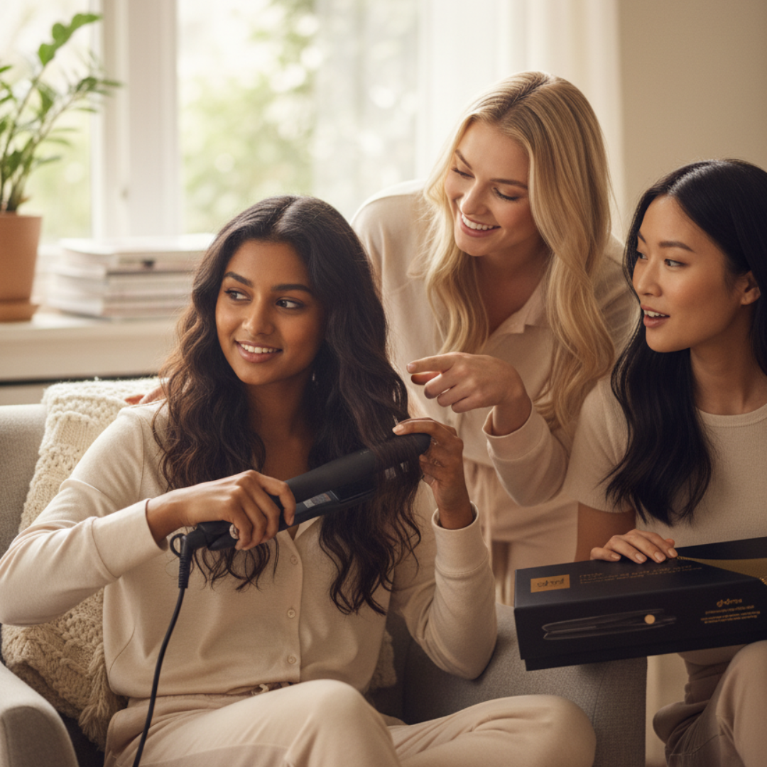 Drei Frauen in beigen Outfits, eine benutzt einen Haarglätter. Zwei andere schauen zu. Eine hält eine Schachtel.
