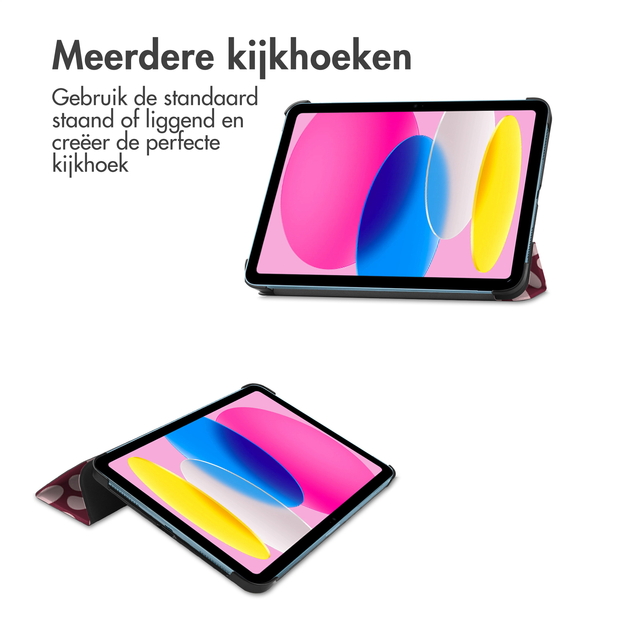 Two tablets displayed. The screens show colorful abstract shapes. Text at top says "Multiple viewing angles" in Dutch.