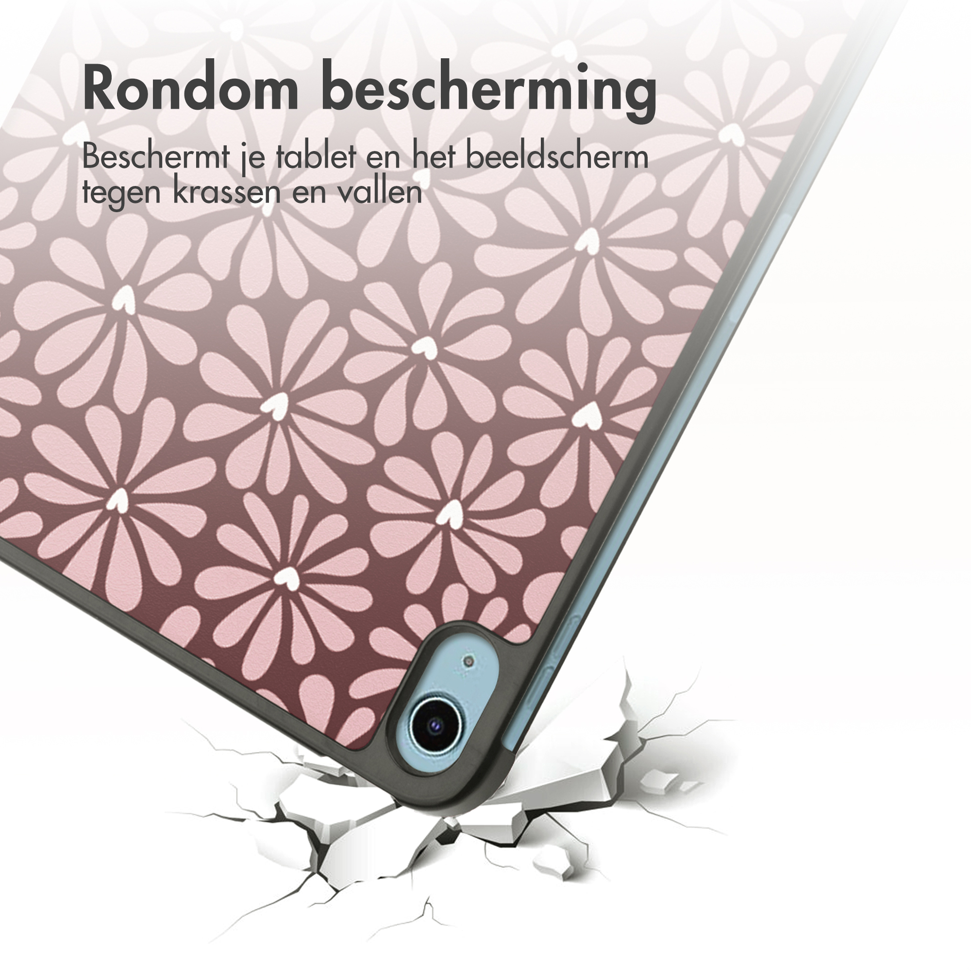 Tablet in case with flower pattern, breaking through a surface. Text: All-around protection. Protects against scratches and falls.