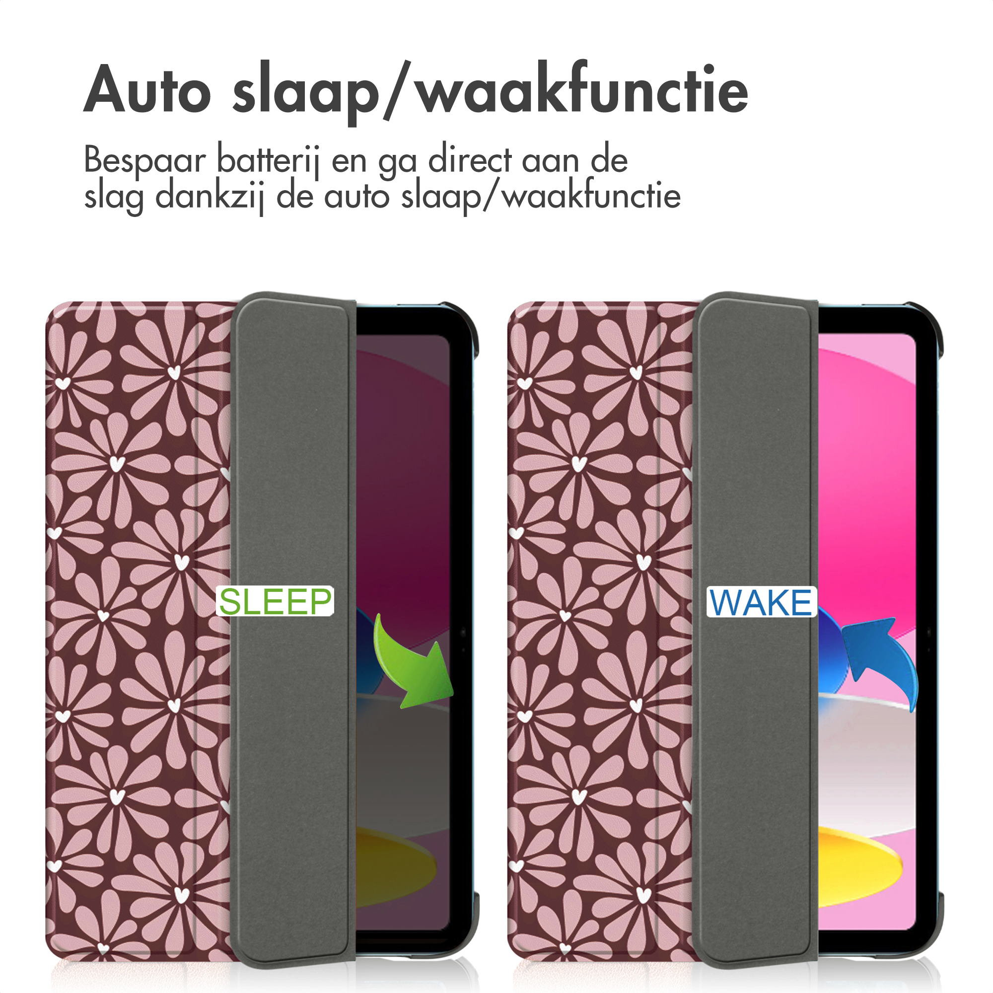 Two tablet cases. Left one with 'sleep' on screen, right one with 'wake'. Both floral pattern.