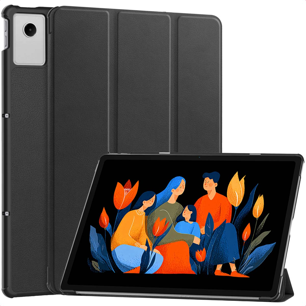 Tablet met zwarte hoes. Het scherm toont een kleurrijke illustratie van een gezin omringd door bloemen. De achtergrond is effen.