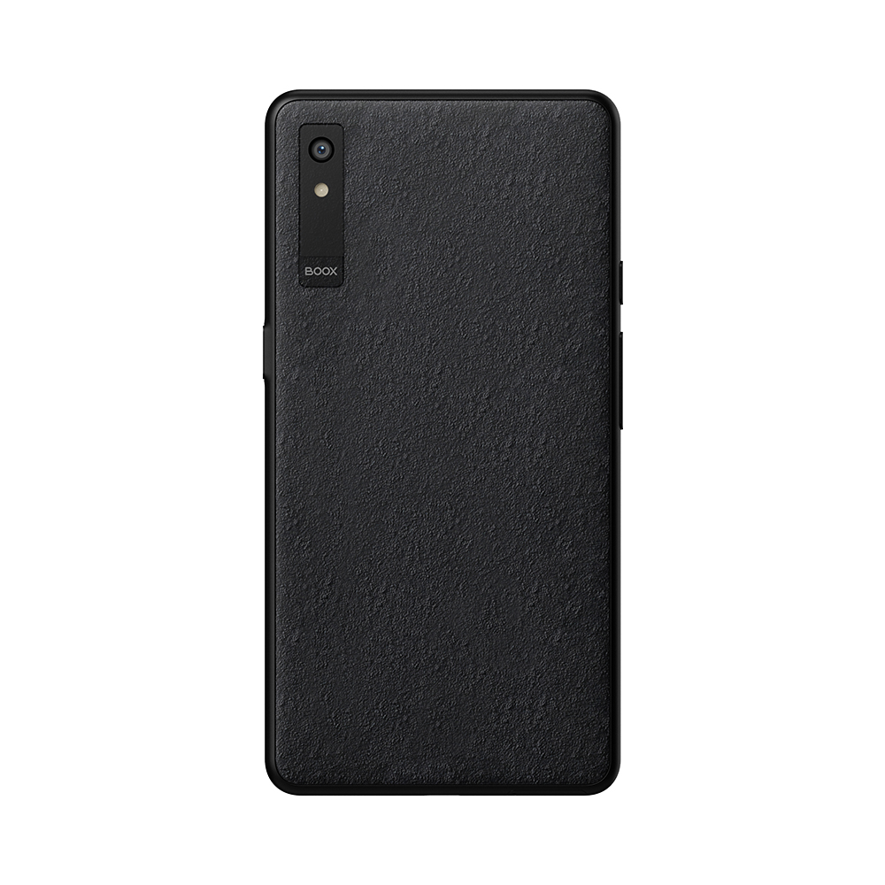 Schwarze Smartphone-Rückseite. Sie hat eine Kamera und das BOOX-Logo. Die Oberfläche hat eine raue Textur.
