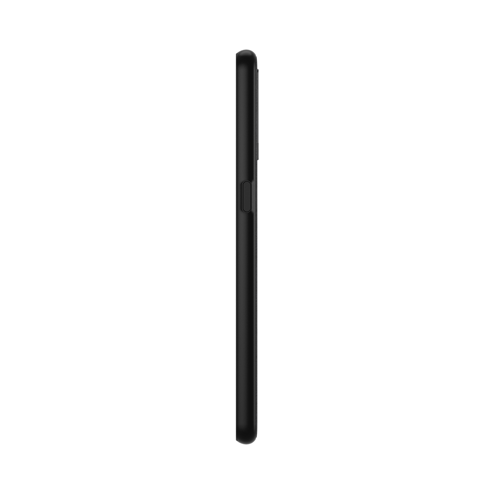 Seitenansicht eines schwarzen Smartphones. Das Telefon ist vertikal, mit einer sichtbaren Ein-/Aus-Taste. Der Hintergrund ist weiß.