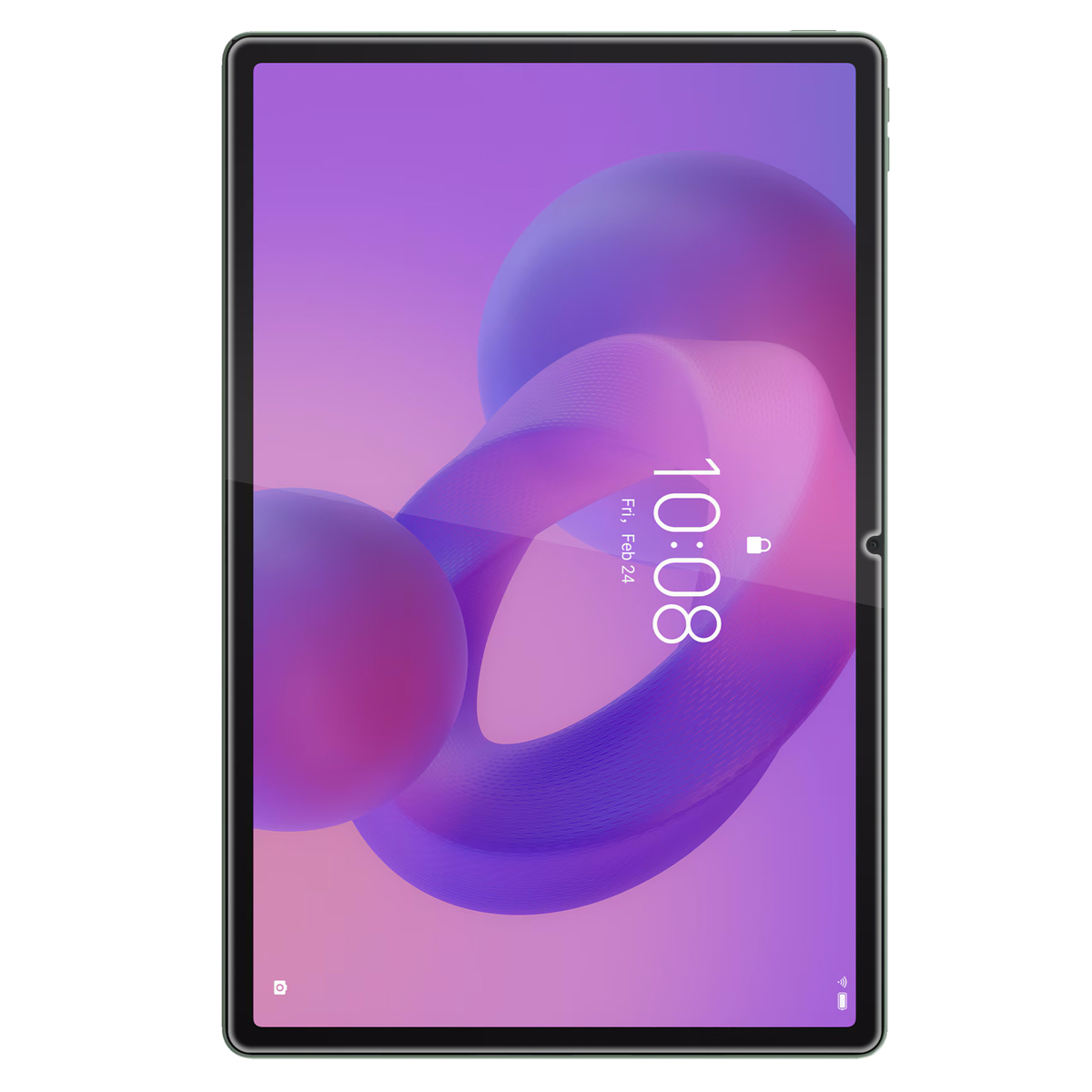A tablet displays a purple and pink abstract design. The time 10:08 is shown. The tablet has a black frame.