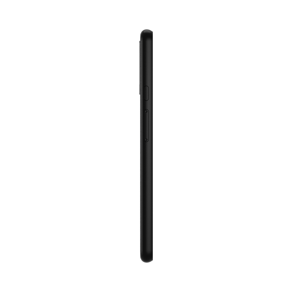 Seitenansicht eines schwarzen Smartphones. Das Telefon ist vertikal und zeigt die Seite mit Tasten und Kamera.