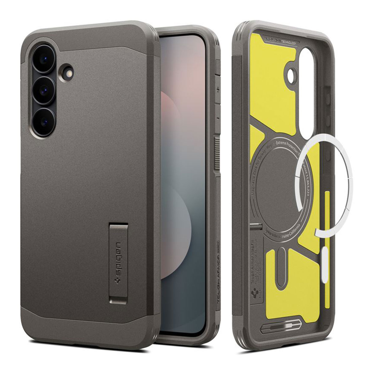 Un étui de téléphone est présenté, démonté. Il est gris, avec un support. L'intérieur est jaune. La marque Spigen est visible.