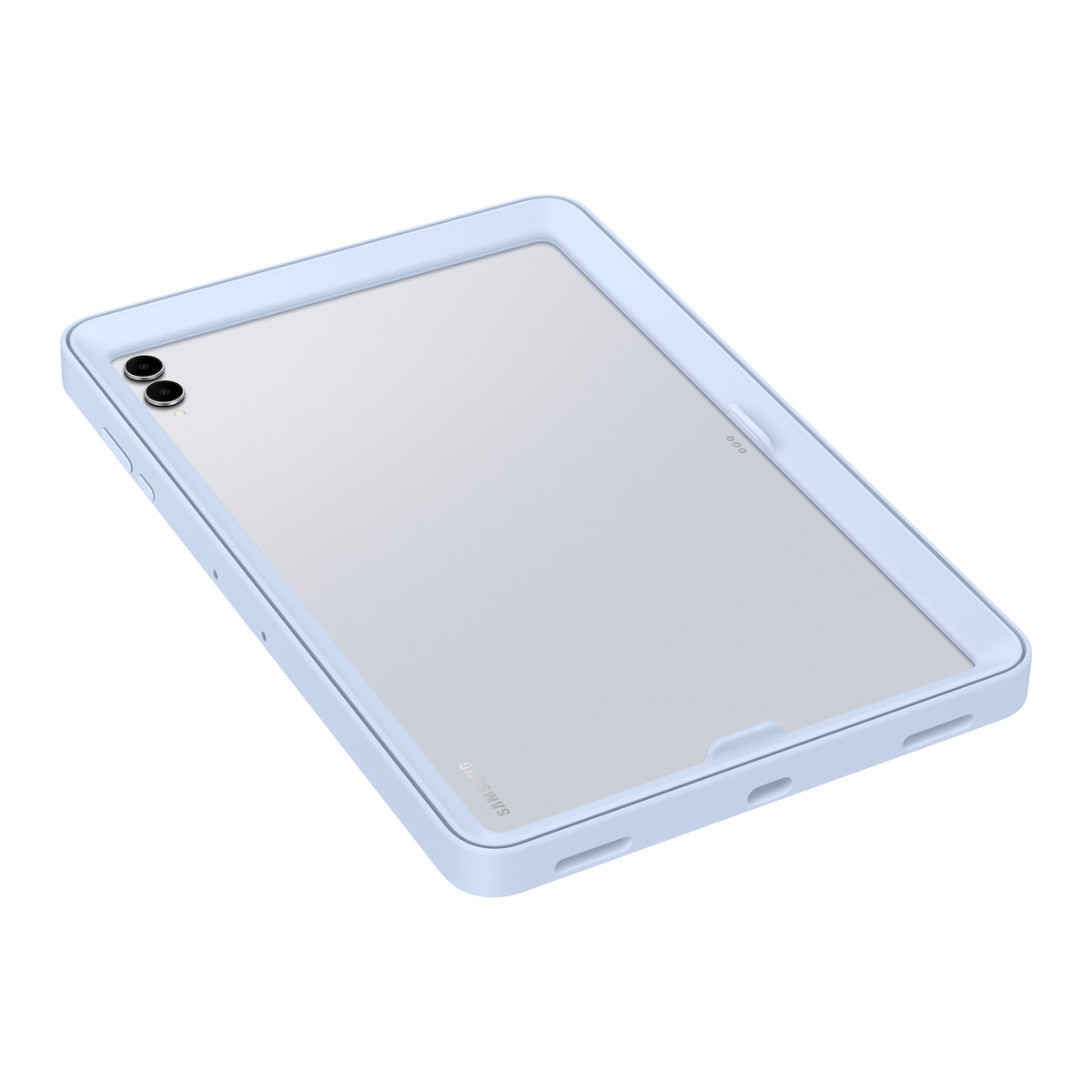 Un tablet azzurro chiaro con custodia. Ha una fotocamera in alto a sinistra e il logo Samsung in basso a destra.
