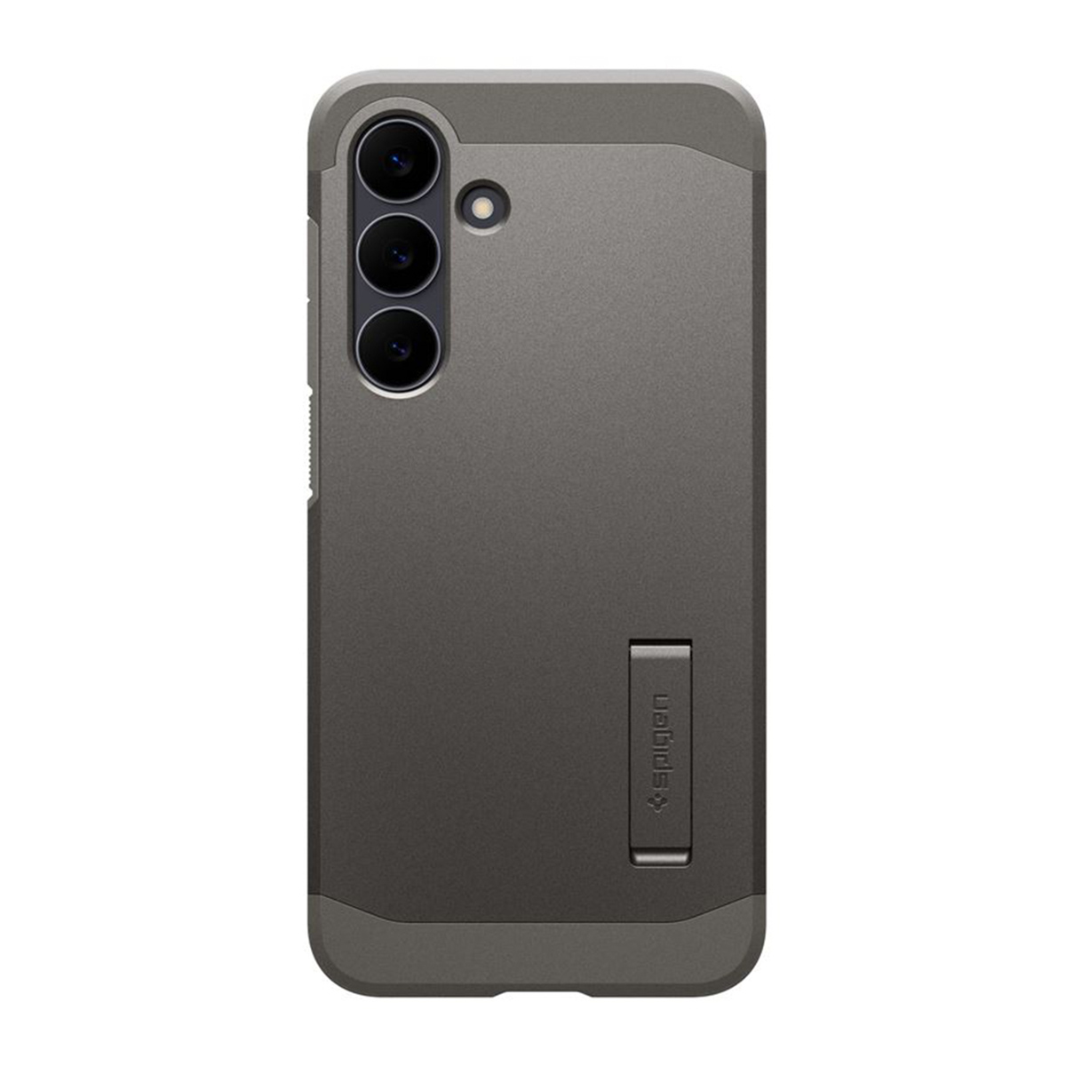 Coque de téléphone grise avec trois lentilles de caméra et un support. La marque 'Spigen' est visible.