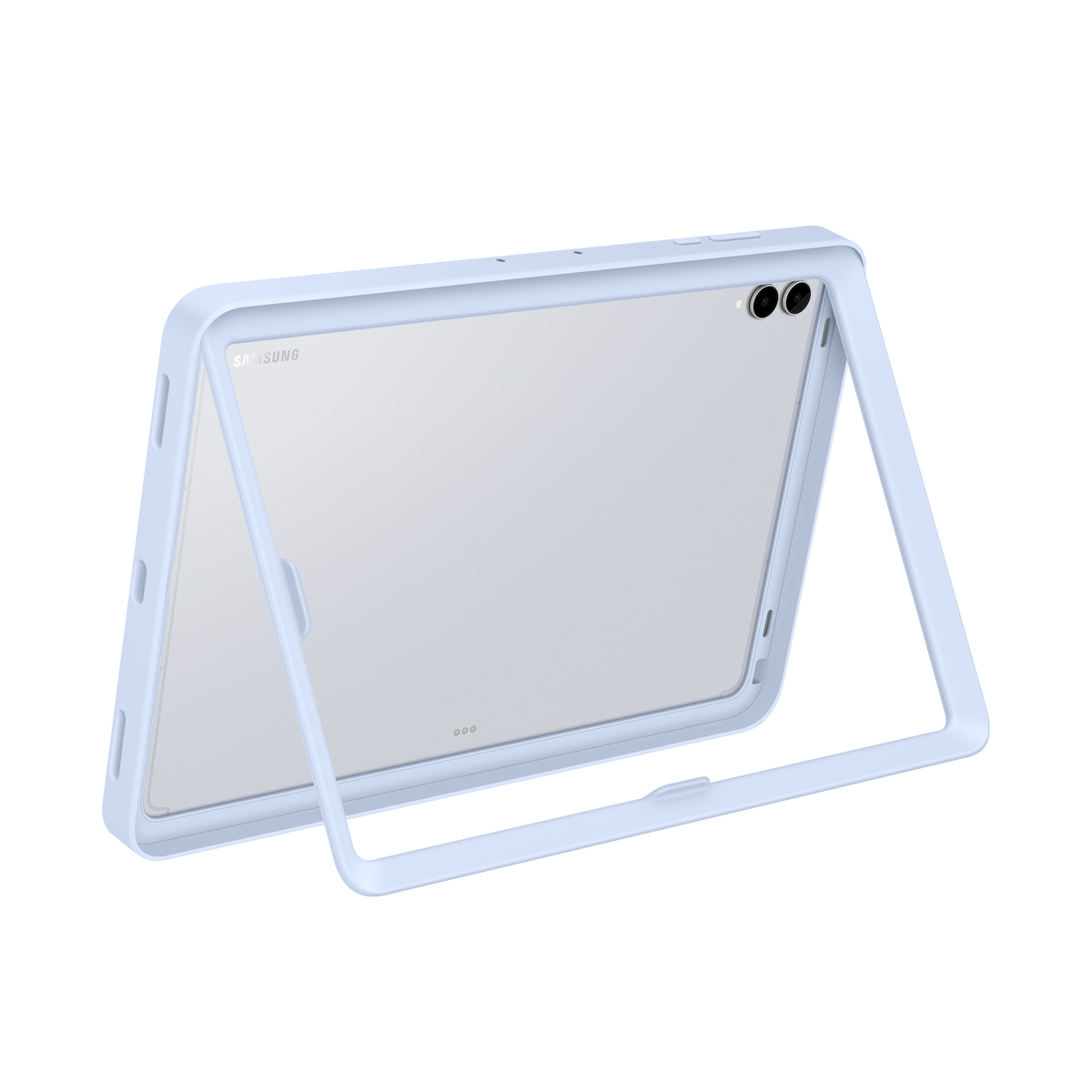 Un tablet Samsung azzurro chiaro in una cornice abbinata, leggermente angolato. Il tablet ha uno schermo trasparente e una fotocamera a doppia lente.