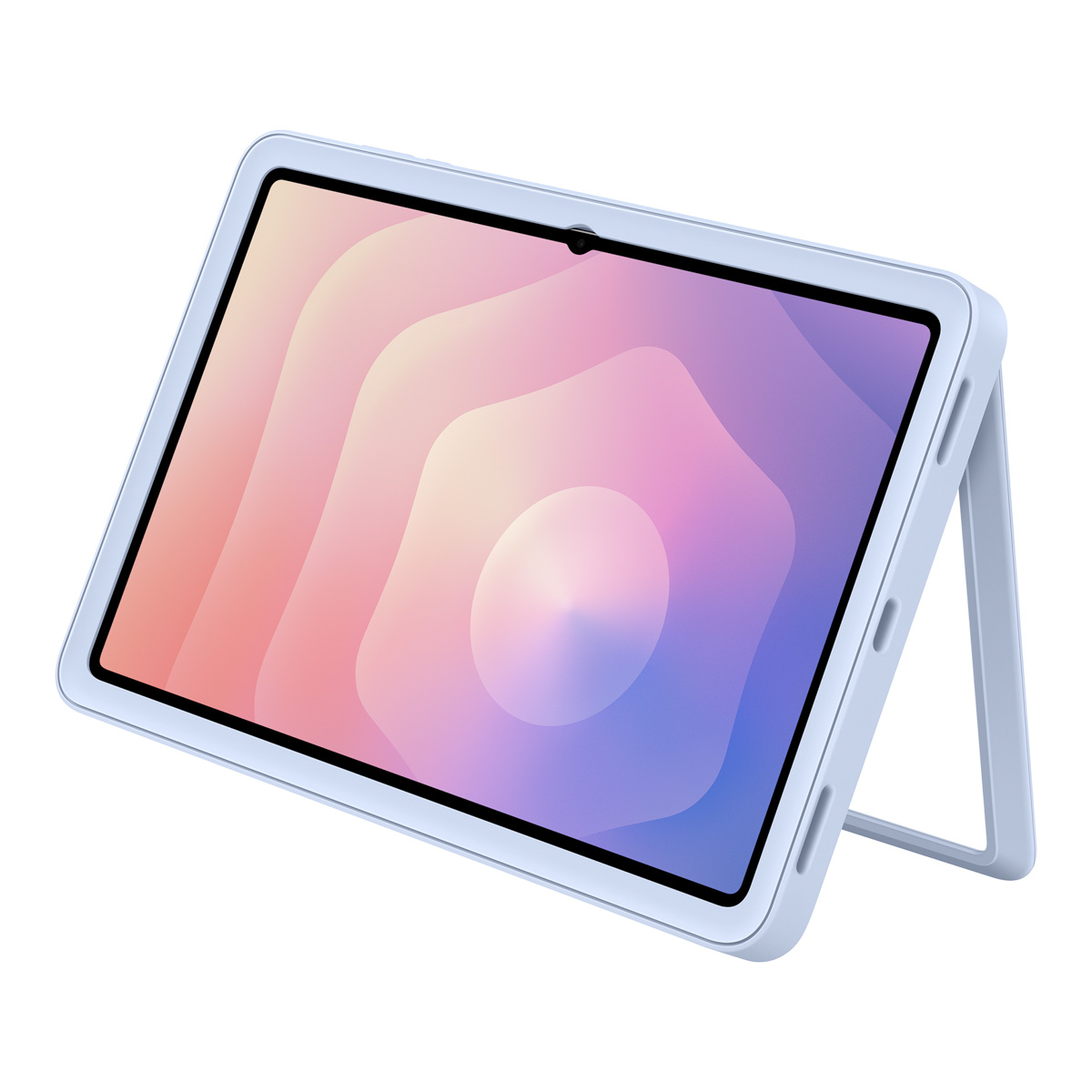 Un tablet con schermo colorato. È in una custodia azzurra, sorretto da un supporto. Lo schermo mostra tonalità rosa, viola e blu.