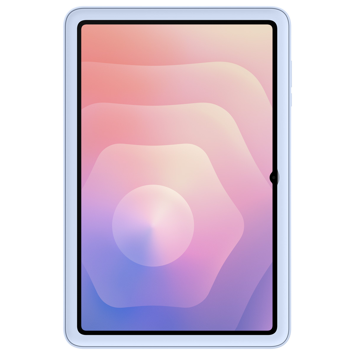 Un tablet con cornice azzurra. Lo schermo mostra una sfumatura colorata con rosa, viola e un cerchio bianco centrale.