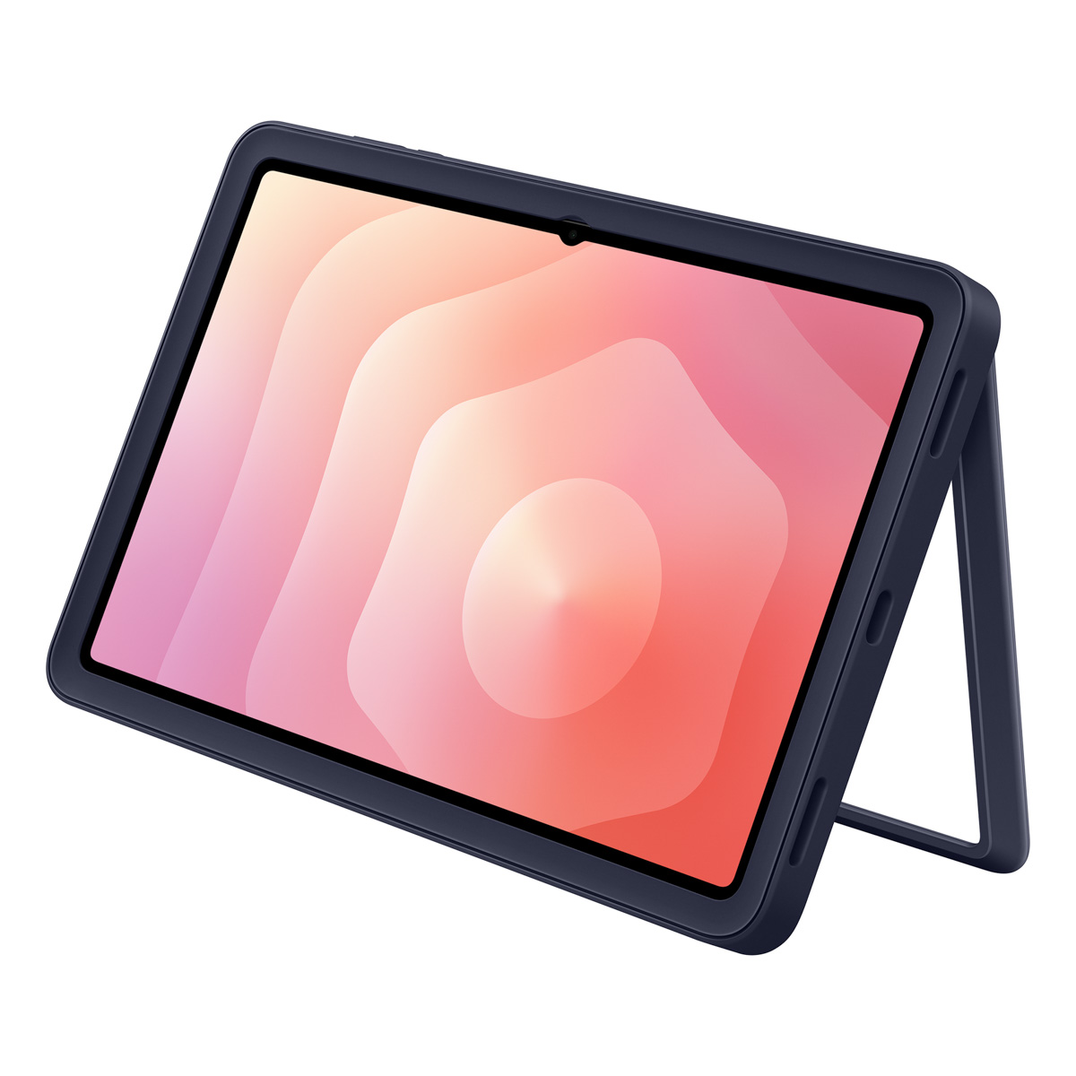 Un tablet in una custodia blu scuro, appoggiato. Lo schermo mostra un design astratto e colorato con sfumature di rosa e arancione.