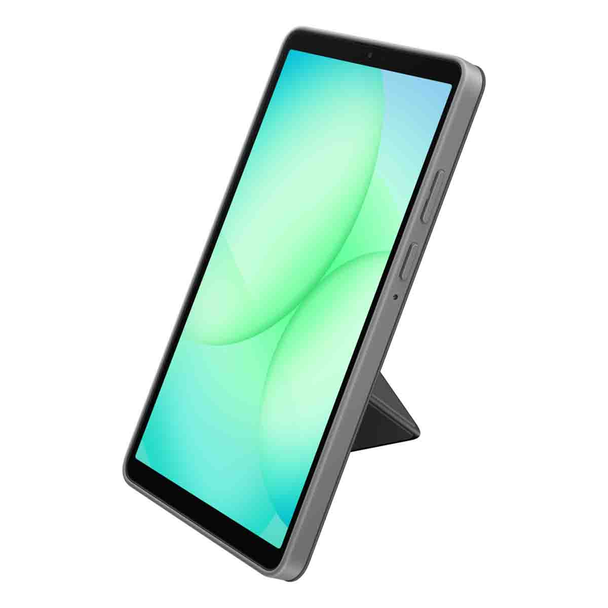 Un tablet con schermo verde e blu è appoggiato a un supporto. Il tablet è grigio e lo sfondo è bianco.