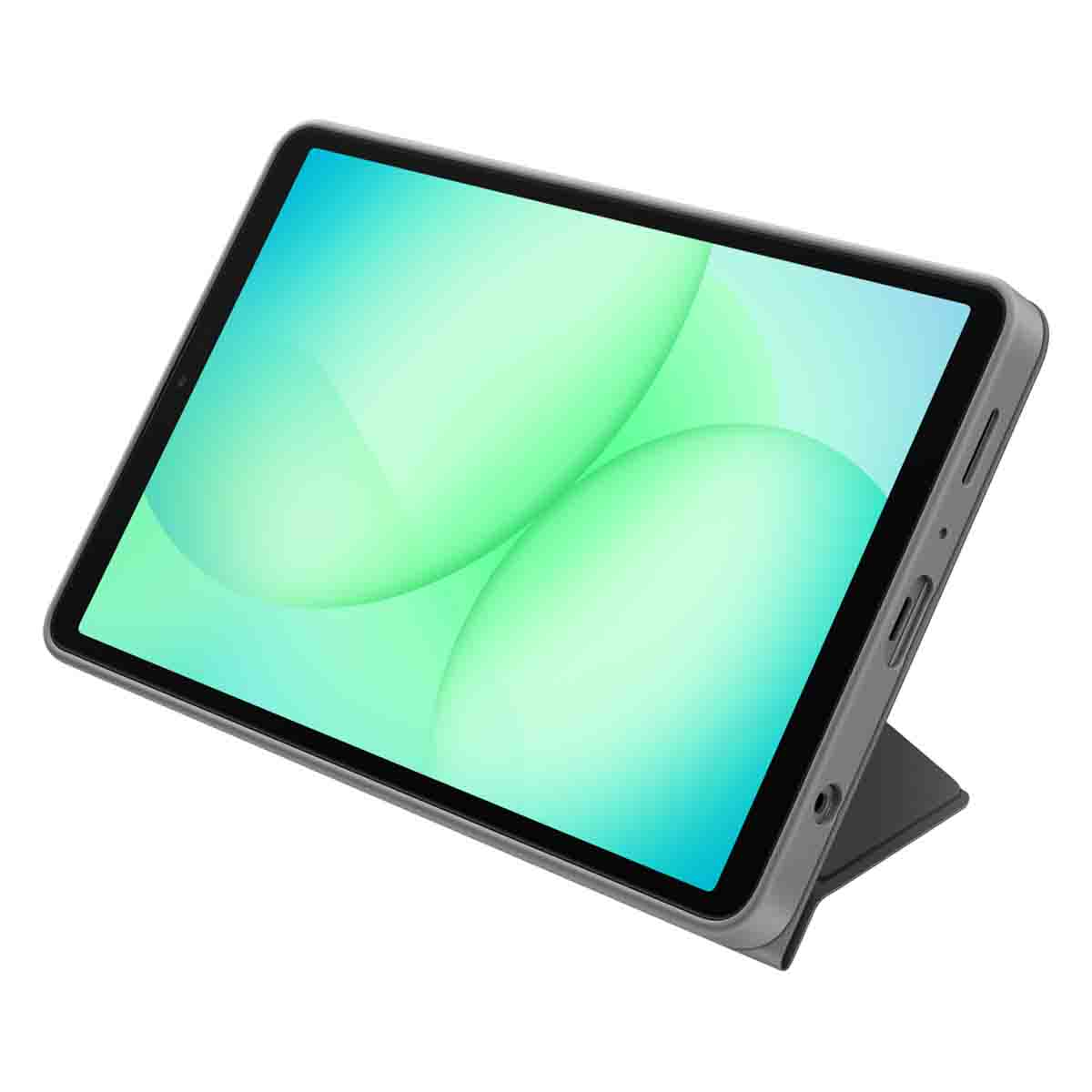Un tablet con custodia è visualizzato ad angolo. Lo schermo mostra una sfumatura verde chiaro con forme bianche.