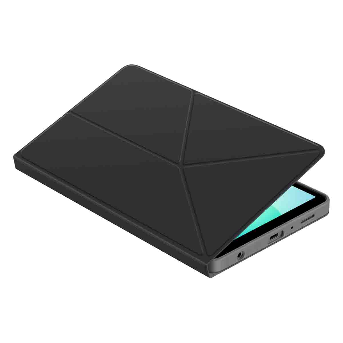 Un tablet nero con una cover pieghevole è parzialmente aperto. Lo schermo mostra un colore azzurro. La custodia è grigia.