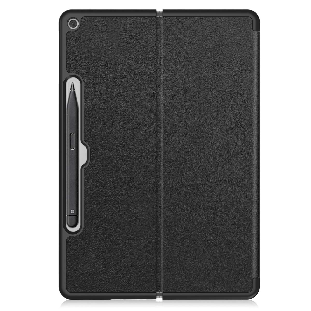 Étui de tablette noir avec stylet. L'étui est fermé, montrant une surface texturée. Le stylet est dans un support sur le côté gauche.