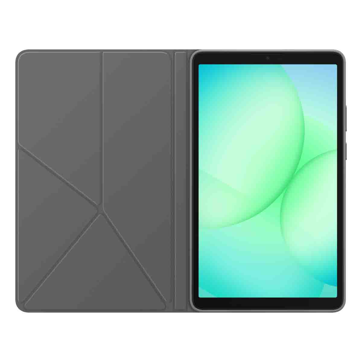 Tablet in una custodia grigia, schermo che mostra forme verdi e bianche. La custodia è aperta.