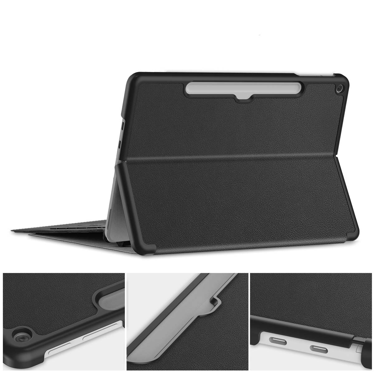 Une housse de tablette noire, ouverte et relevée. L'étui est texturé. Les détails montrent les bords et une fente pour un stylo.
