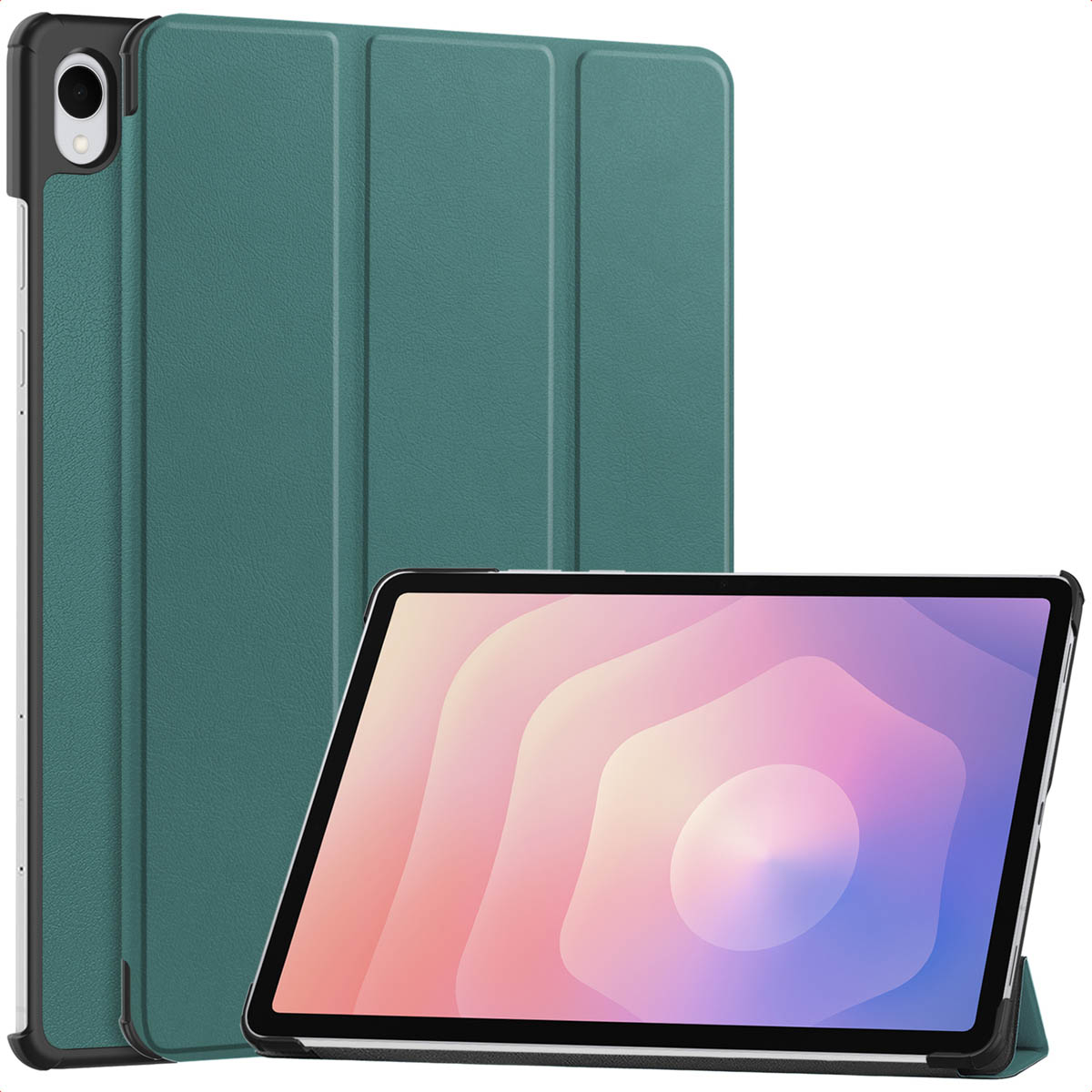 Een tablet in een tealkleurige hoes. Het tabletscherm is zichtbaar en toont een roze en witte gradiënt. De hoes staat rechtop.