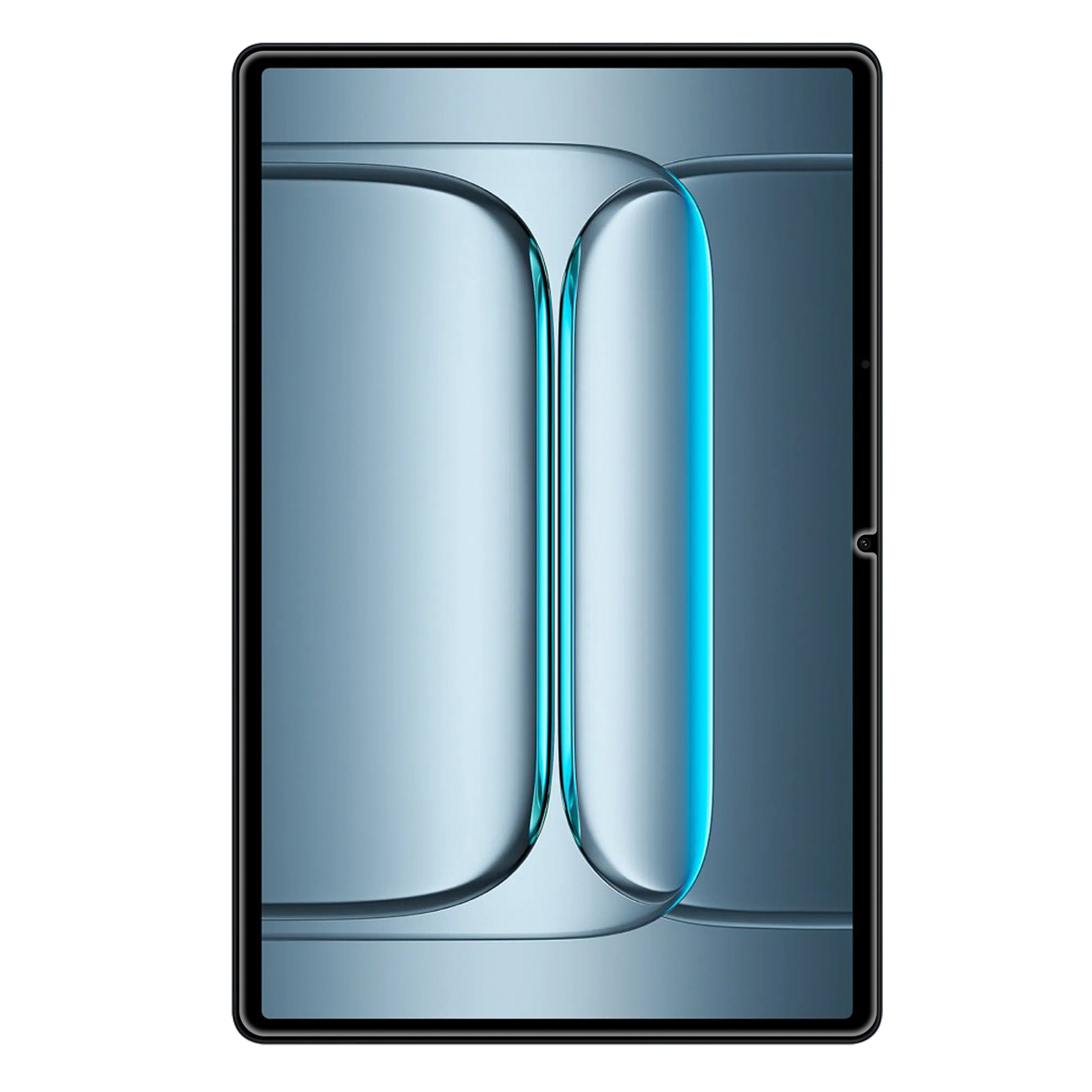 A tablet with a blue and gray gradient design on the screen. The screen has a unique curved, abstract pattern.