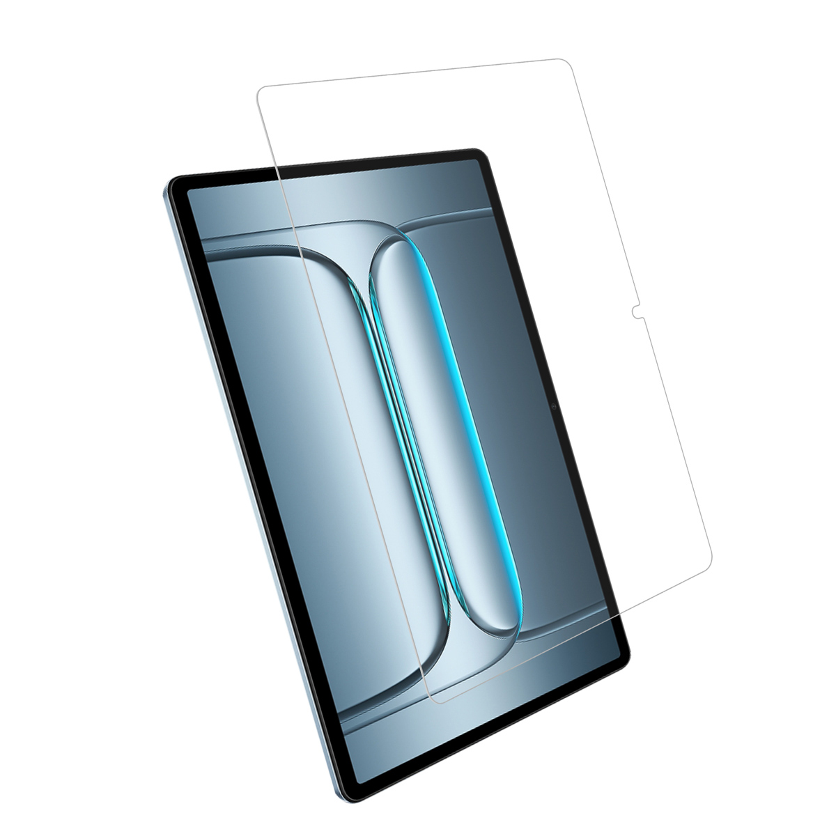 A tablet with a screen protector. The tablet is black with a blueish screen showing a design. The protector is clear.
