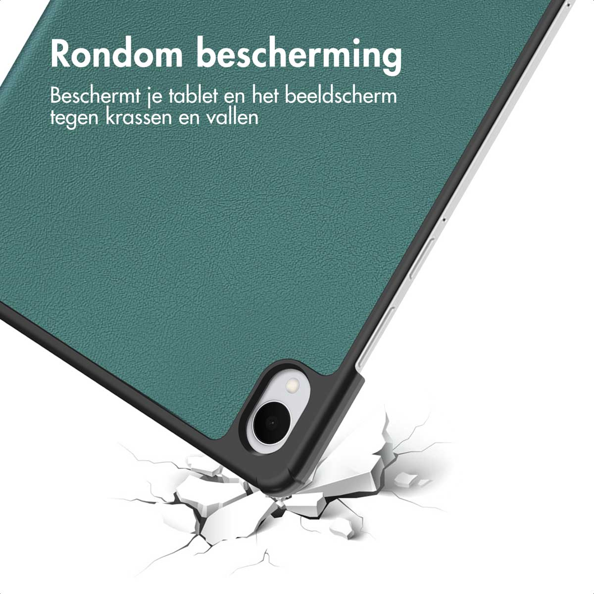 Een tablet hoes, blauwgroen, zwarte randen, op een witte ondergrond, met tekst 'Rondom bescherming'. Het oppervlak is gebroken.