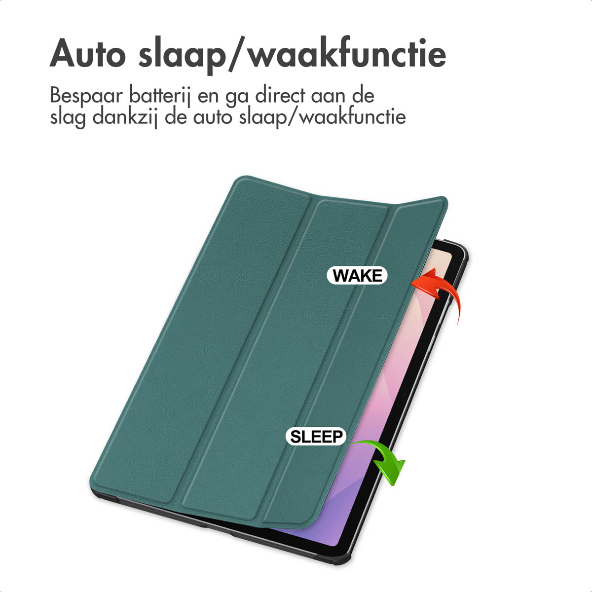Een tablet met een groene hoes, gelabeld met 'WAKE' en 'SLEEP'. Pijlen geven openen en sluiten aan. Tekst: 'Auto slaap/waakfunctie'.