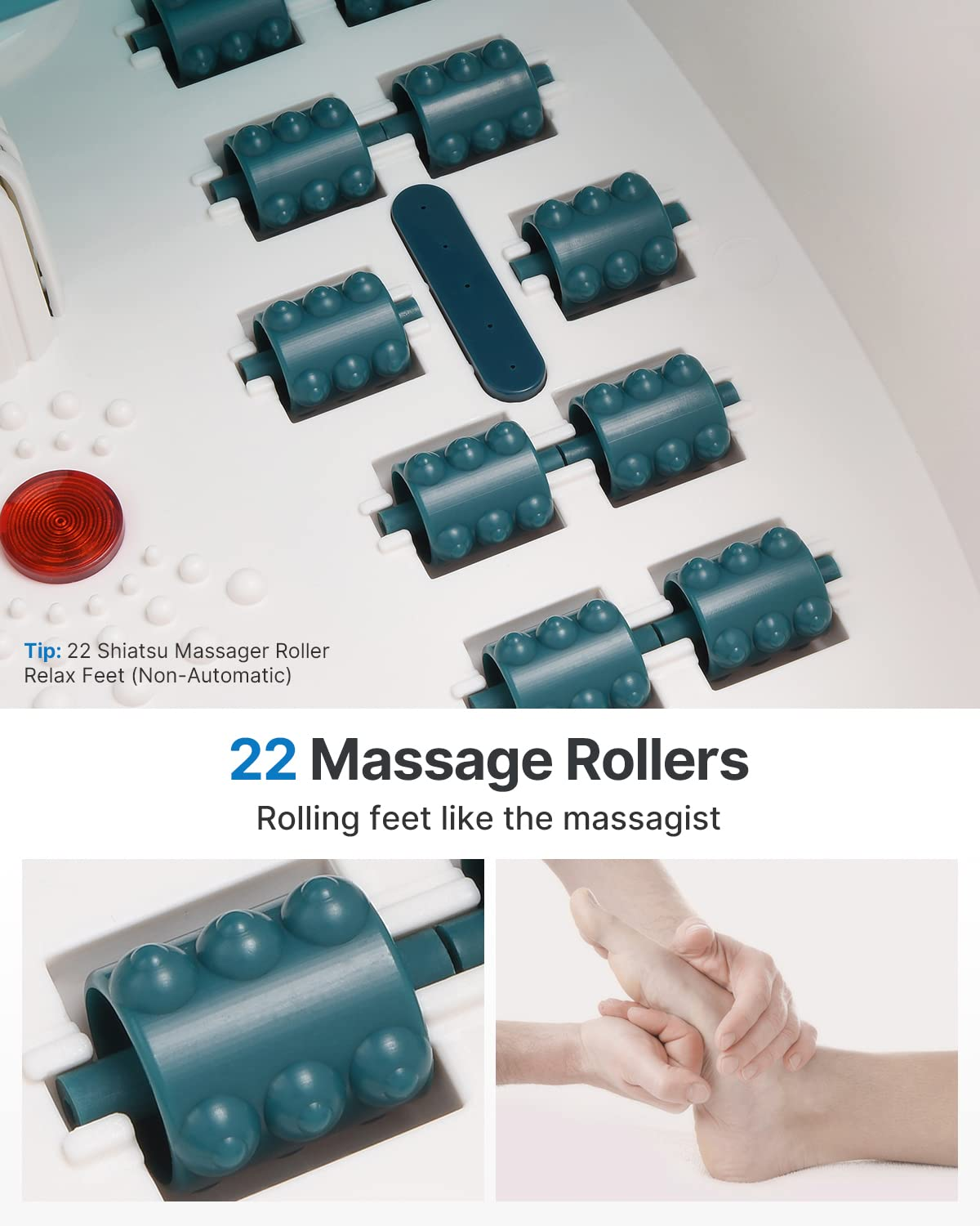 Ein Fußmassagegerät mit grünen Rollen und einem roten Knopf. Text: 22 Massage Rollers, Füße rollen wie der Masseur.