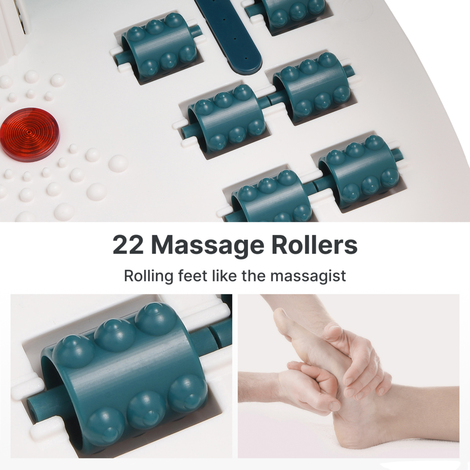Fußmassagegerät mit teal Rollen. Enthält eine Nahaufnahme der Rollen und Hände, die einen Fuß massieren. Text lautet '22 Massage Rollen'.