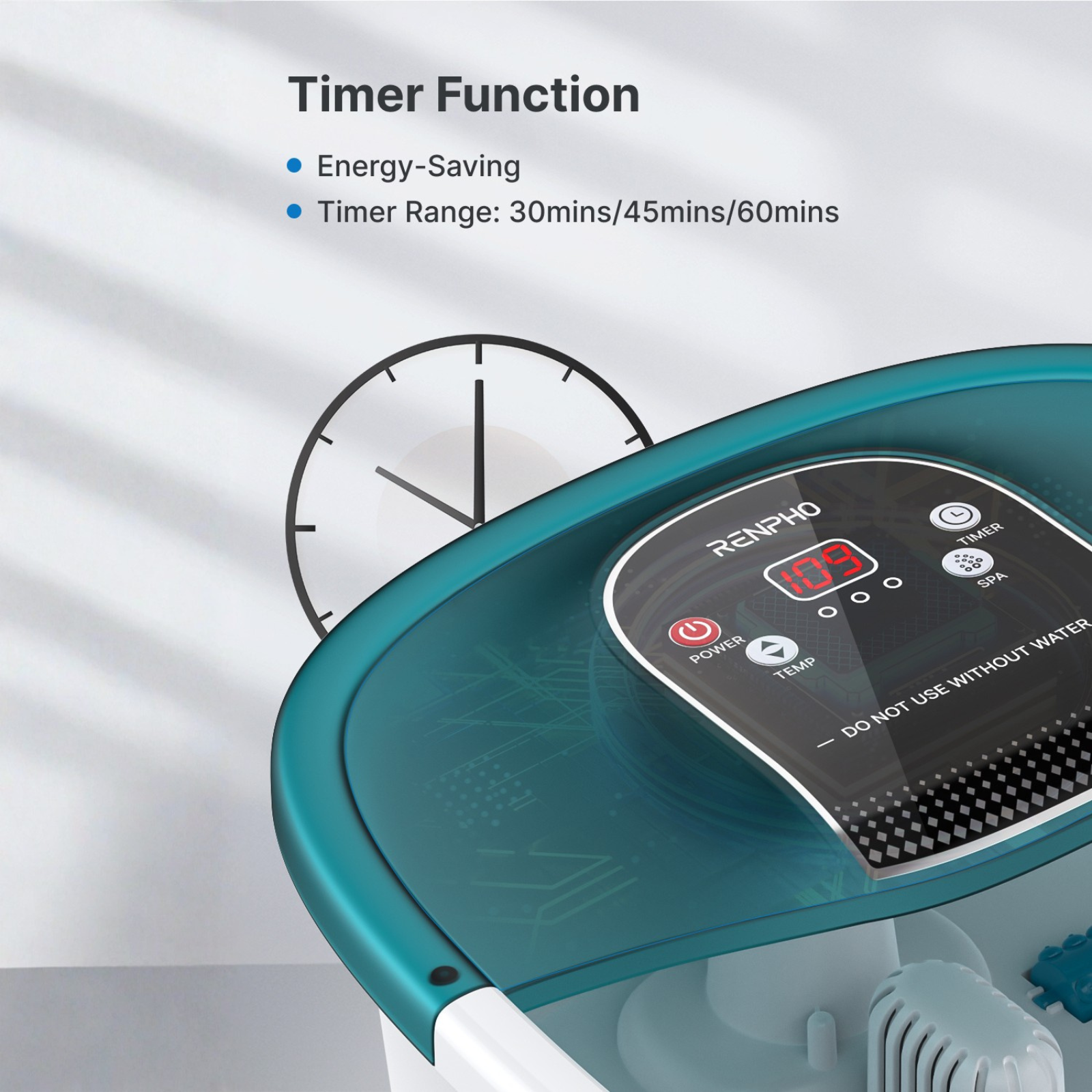 Fußbadmaschine mit Digitalanzeige und Timerfunktion. Merkmale sind Strom- und Temperaturregler. Die Uhr ist sichtbar.
